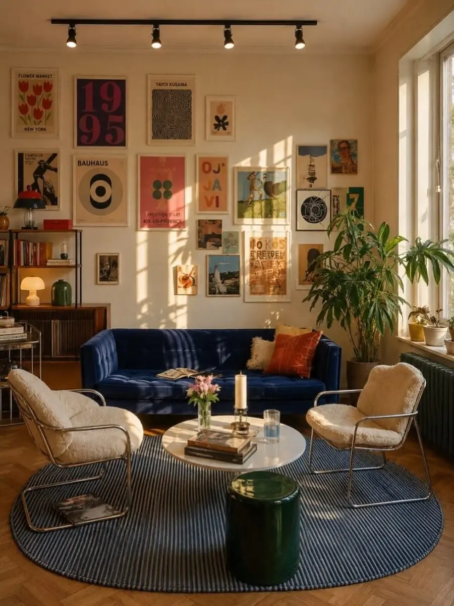 Chic Blue Living Room with Vintage Art