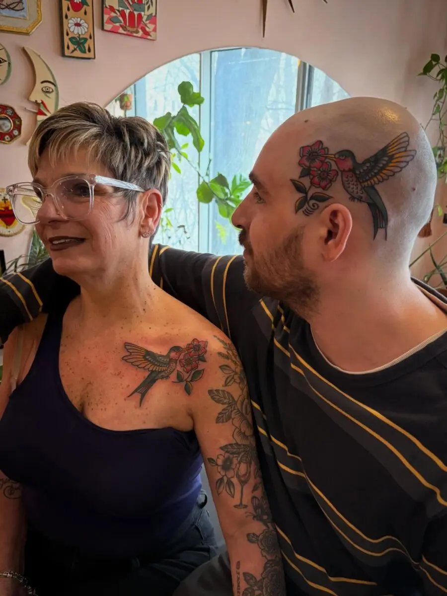 Colorful mother-son tattoo bond showcased here