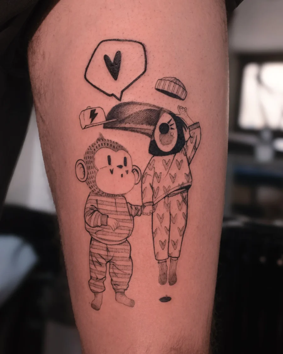 Adorable mother-son tattoo featuring playful characters