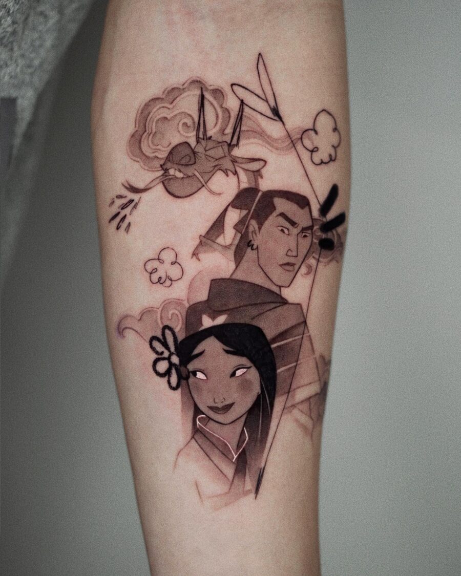 Stunning Mulan tattoo showcasing iconic characters