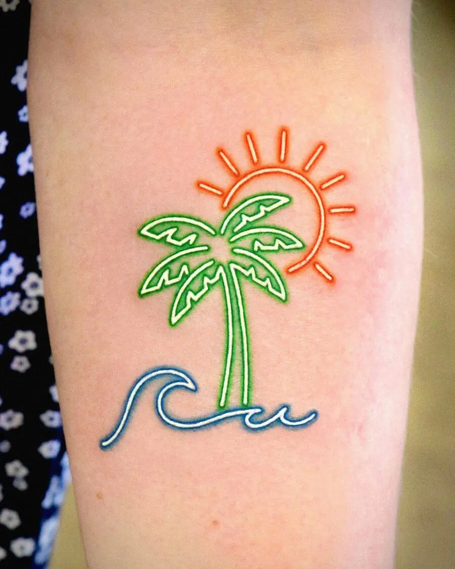 Vibrant Palm Tree Tattoo with Sun Vibes
