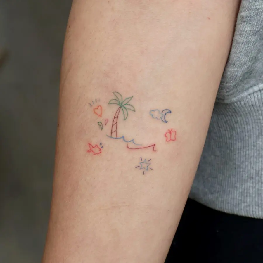 Whimsical palm tree tattoo with playful elements