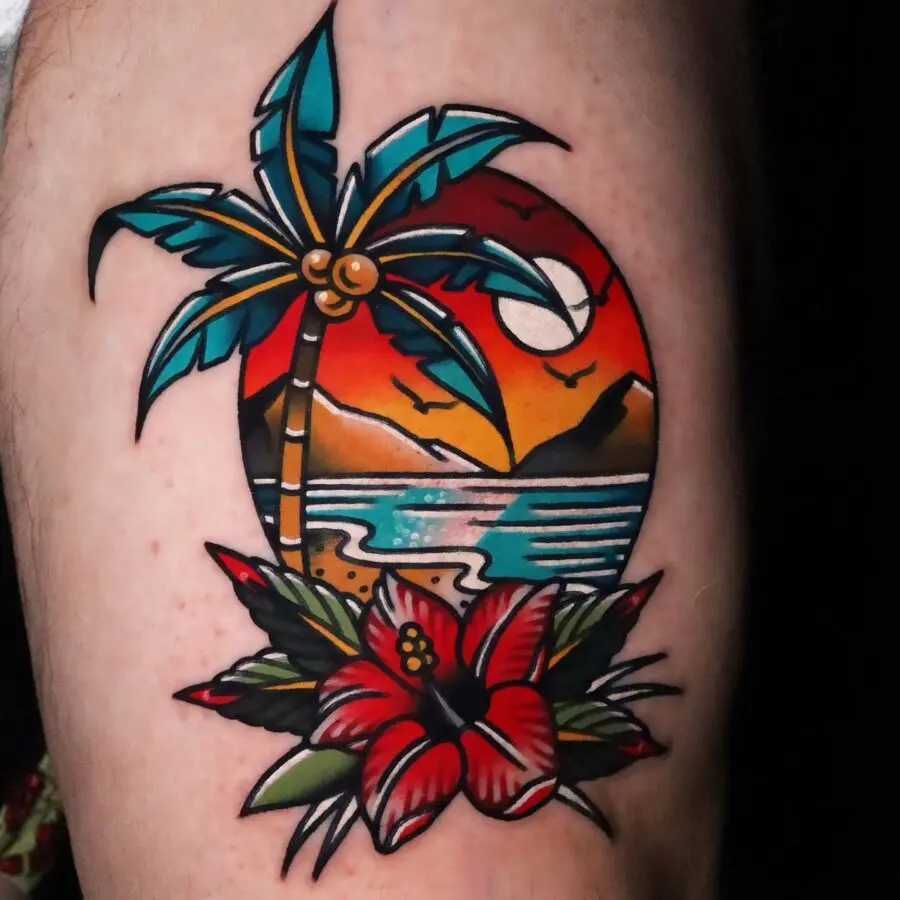 Vibrant palm tree tattoo with sunset vibes