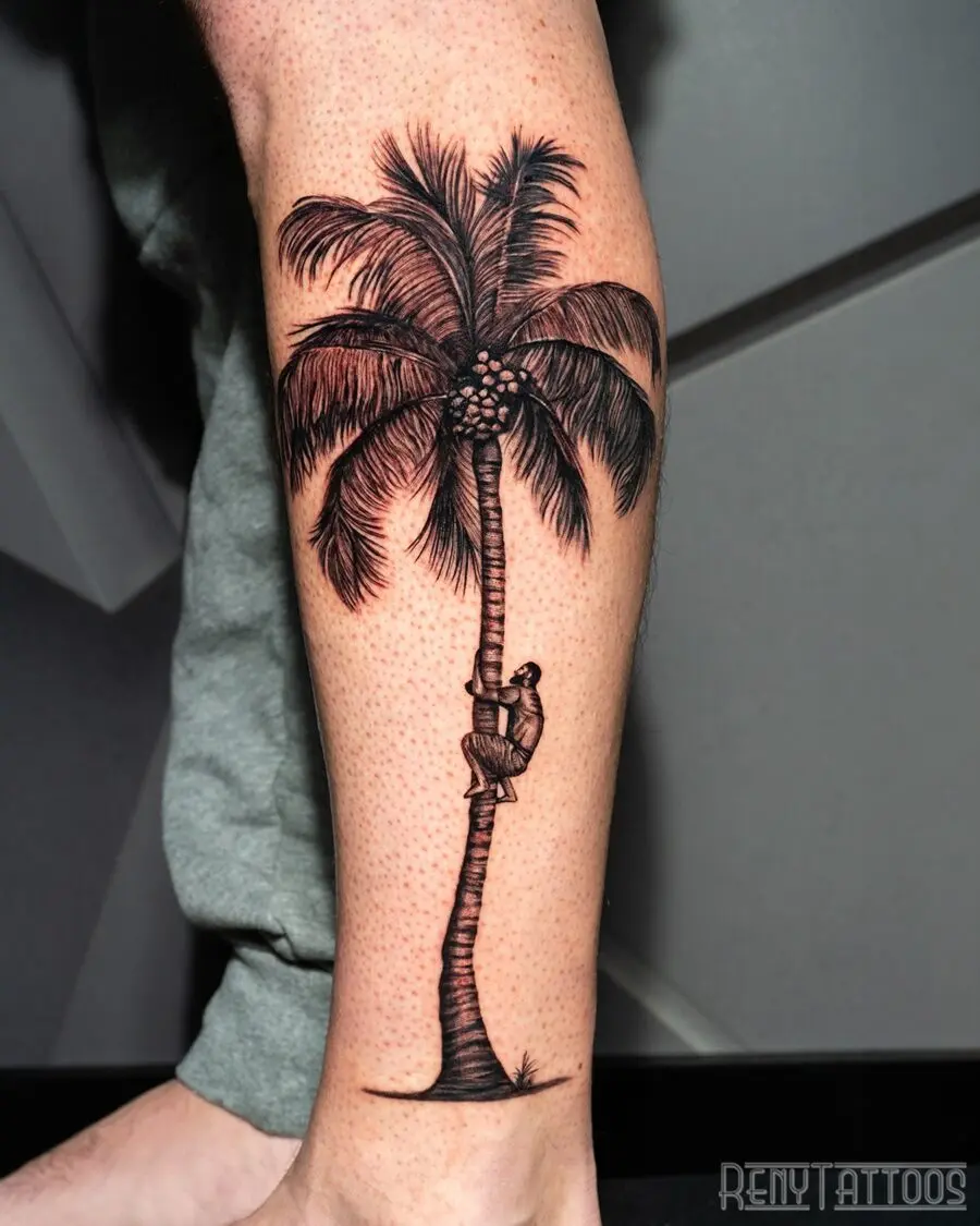 Stylish palm tree tattoo with a climber