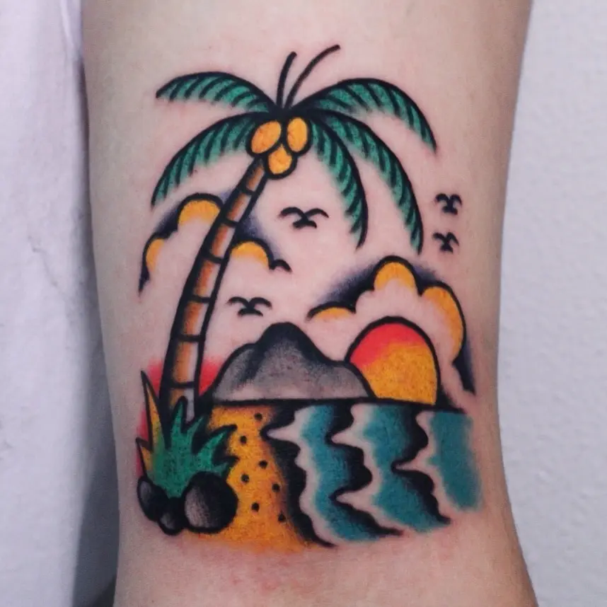 Vibrant palm tree tattoo with sunset vibes