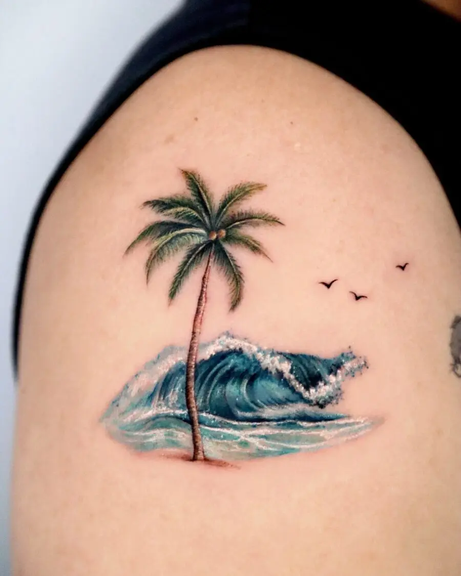 Stylish palm tree and wave tattoo design