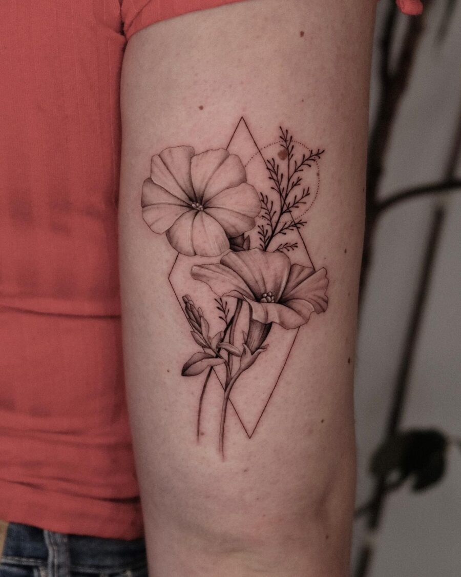 Elegant petunia tattoos with geometric accents