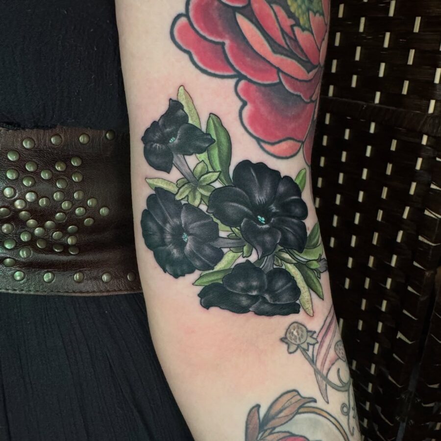 Stunning black petunia tattoo on the arm