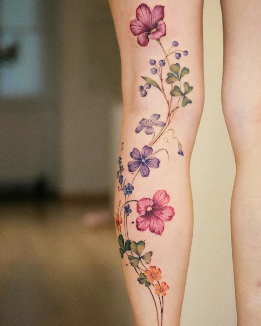 Vibrant Floral Tattoo on Calf