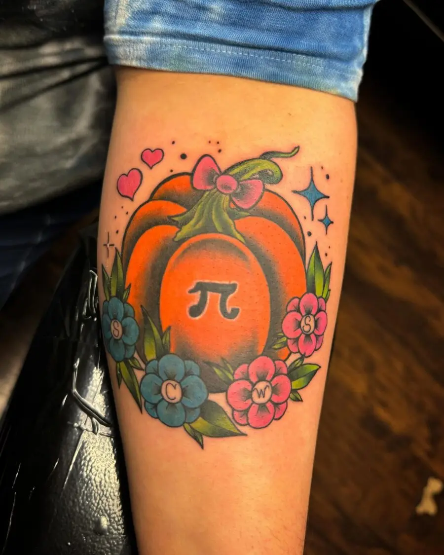 Whimsical pumpkin tattoo celebrating the pi symbol