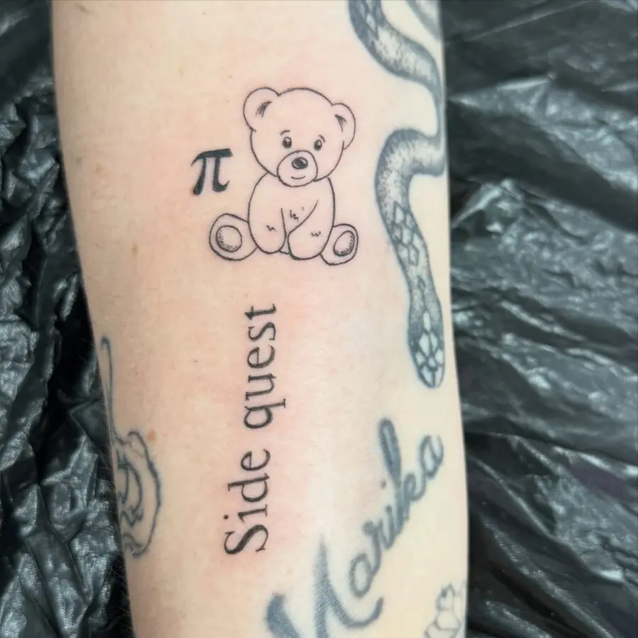 Adorable teddy bear pi tattoo with words