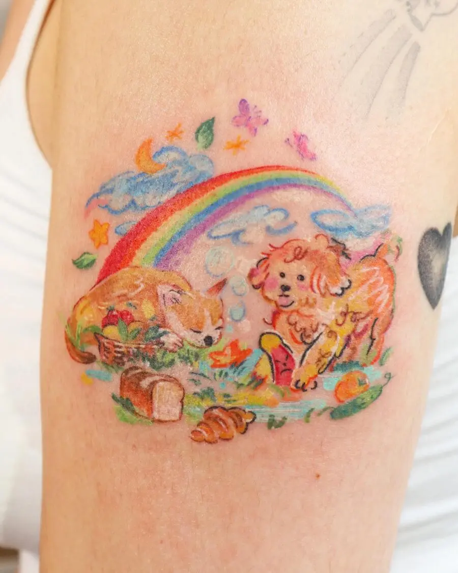Vibrant rainbow baby tattoo with playful animals