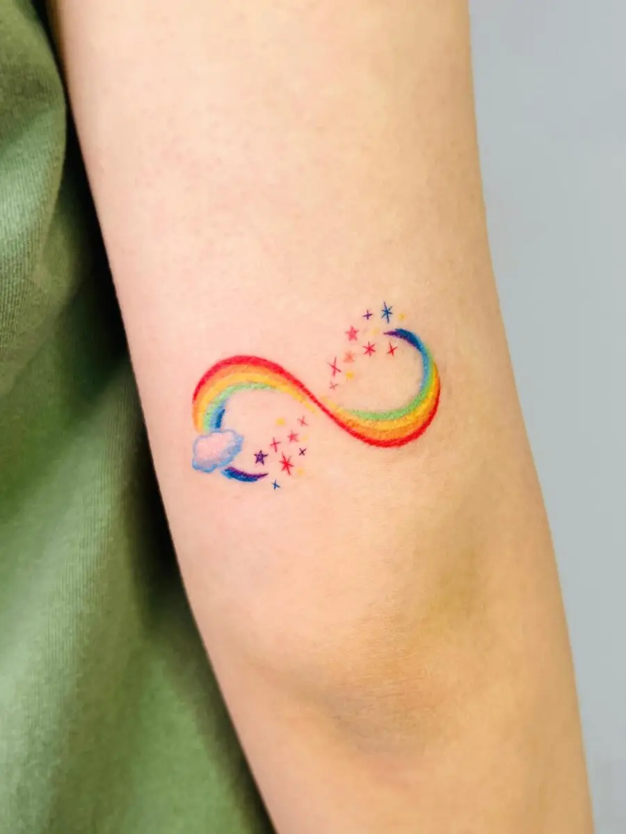 A vibrant infinity symbol tattoo with rainbow colors