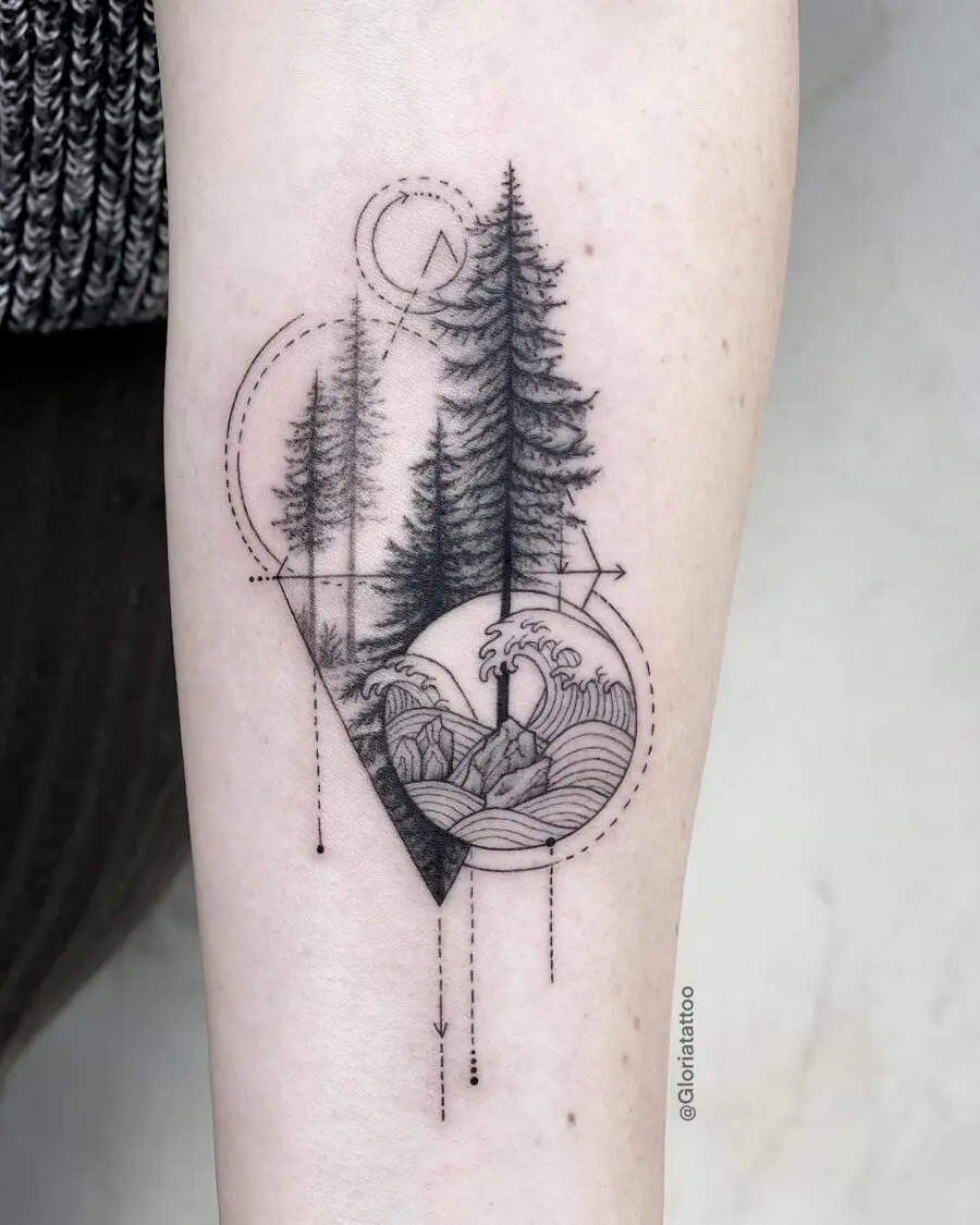 Intricate design featuring redwood trees and waves