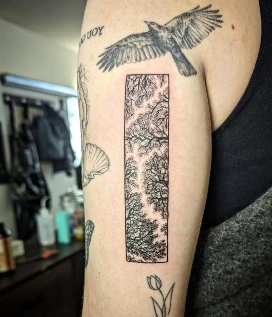 Intricate black ink redwood tree tattoo