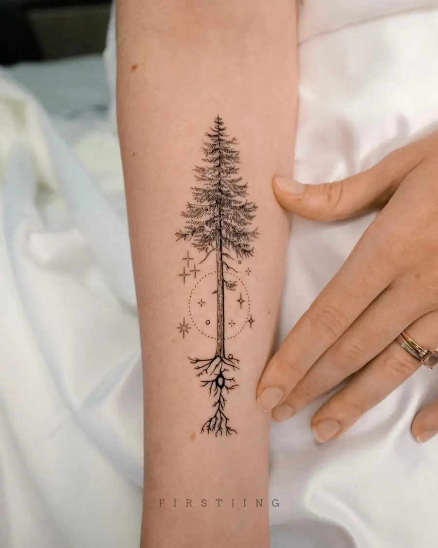 Elegant redwood tree tattoo with cosmic elements