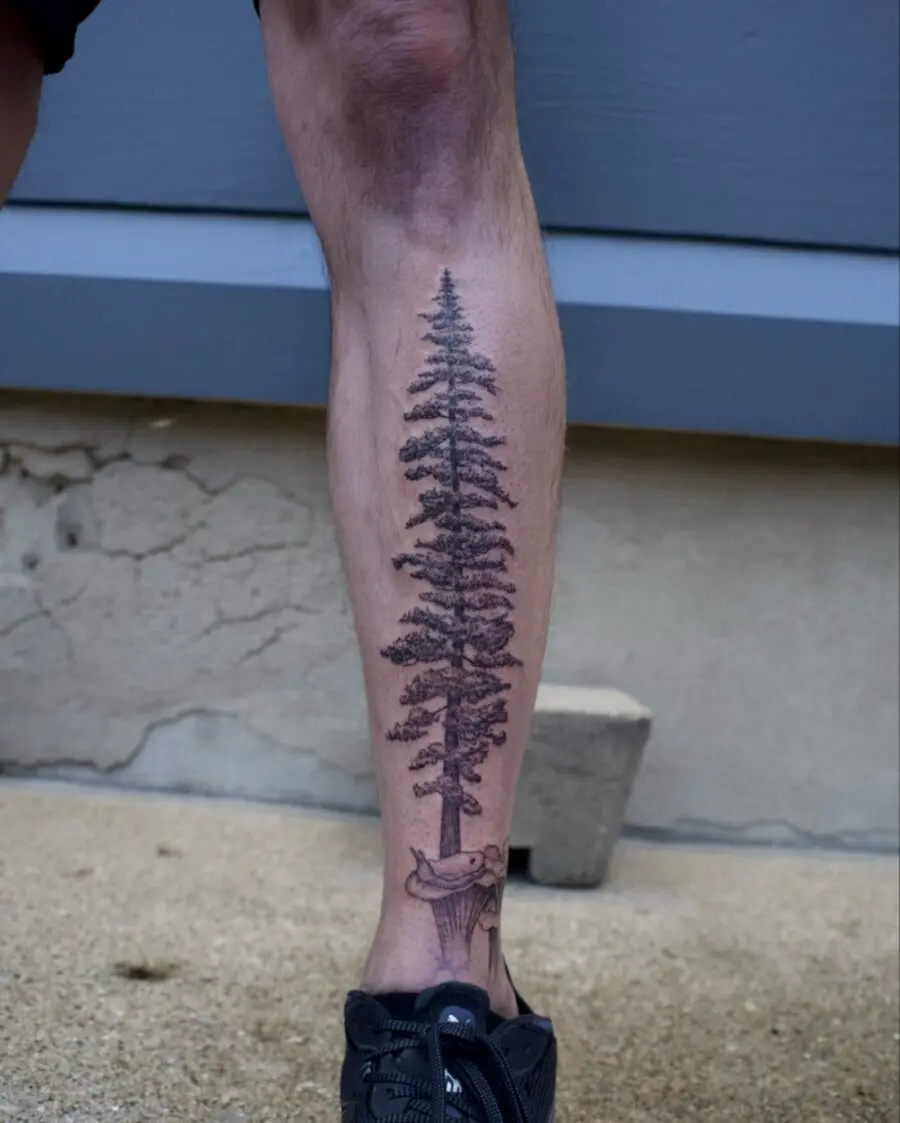 Stunning redwood tree tattoo on leg design