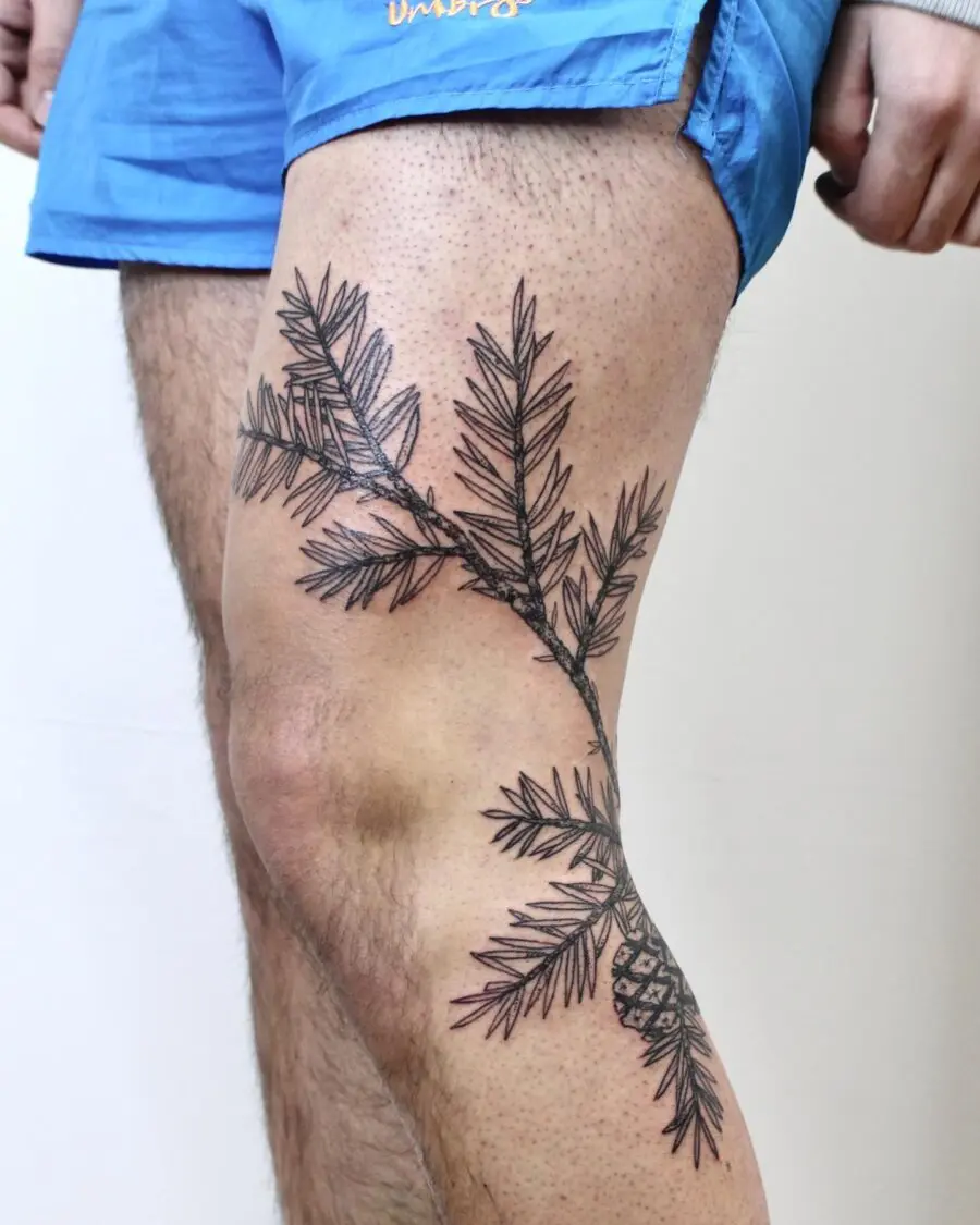 Intricate Redwood Tree Tattoo on Leg