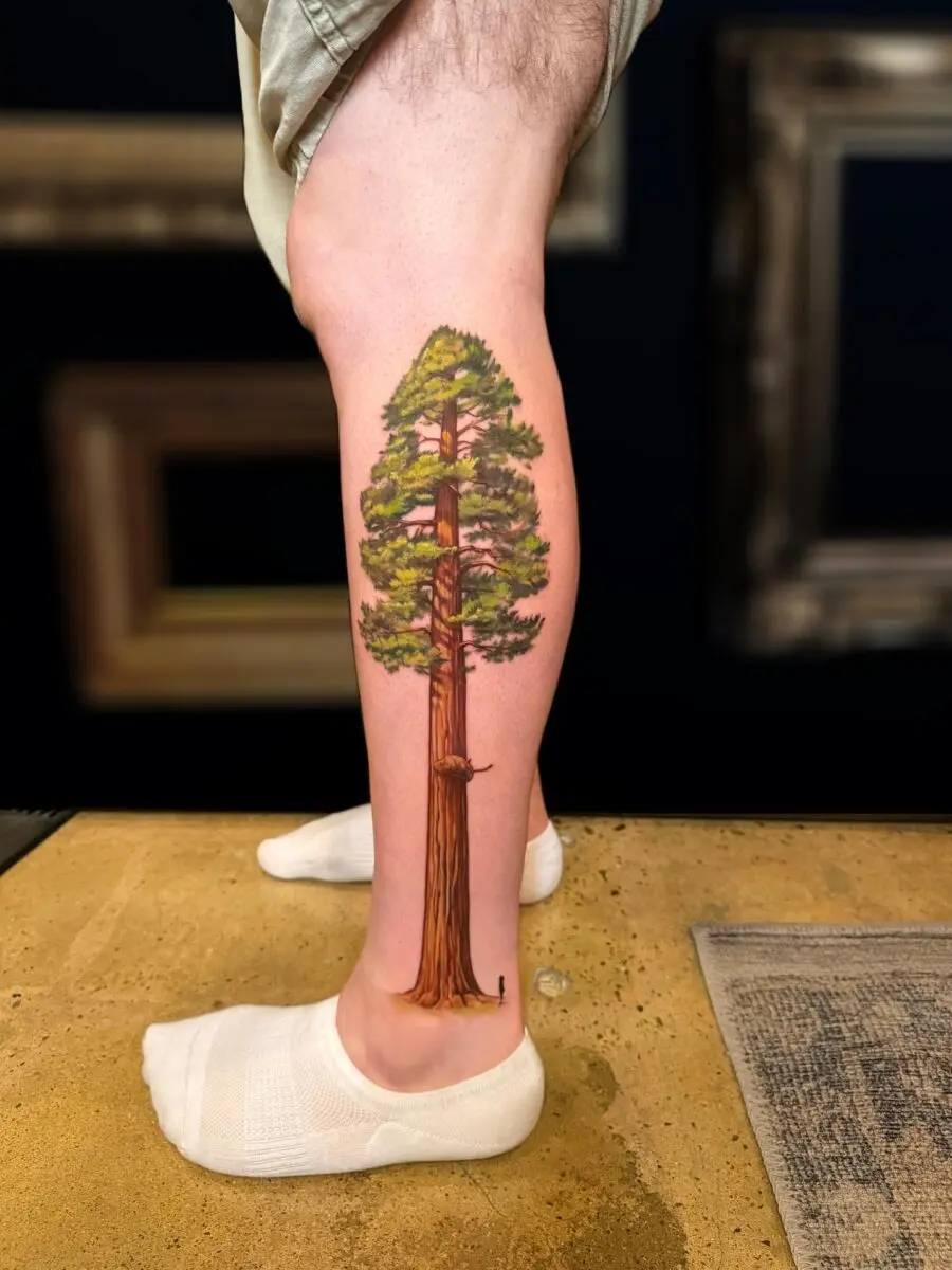 Stunning Redwood Tree Tattoo on Leg
