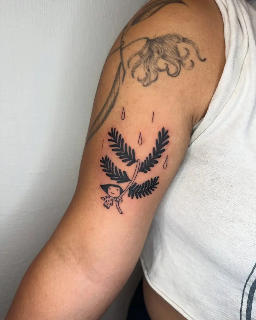 Whimsical redwood tree tattoo with a cute character
