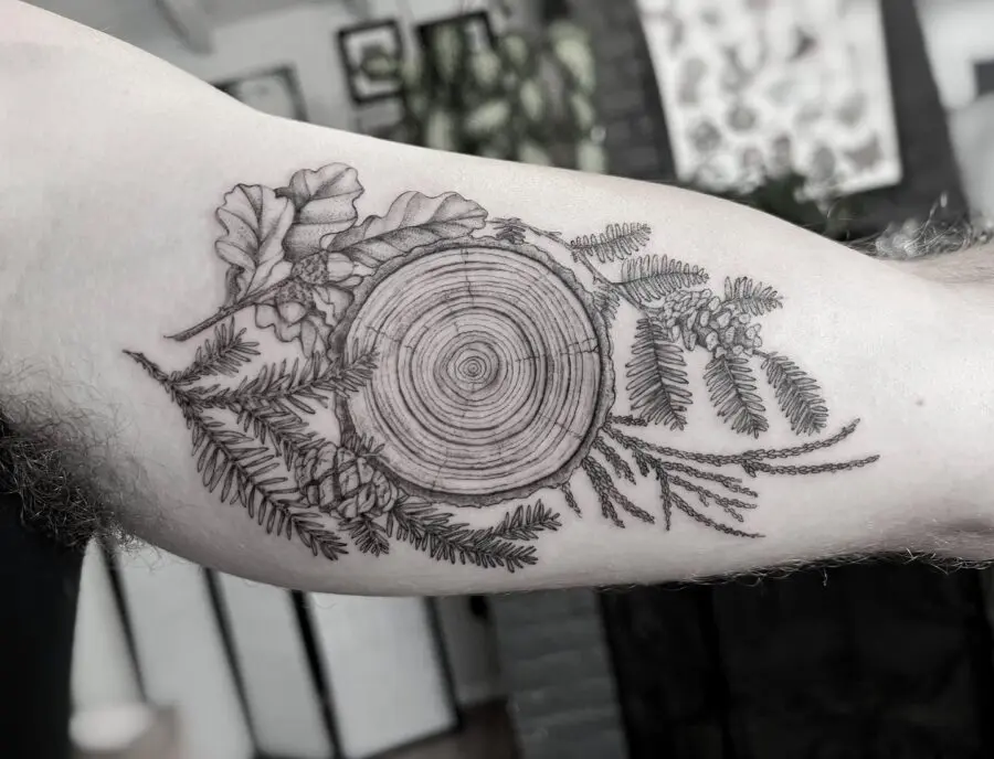 Nature-inspired redwood tree tattoo with detailed textures