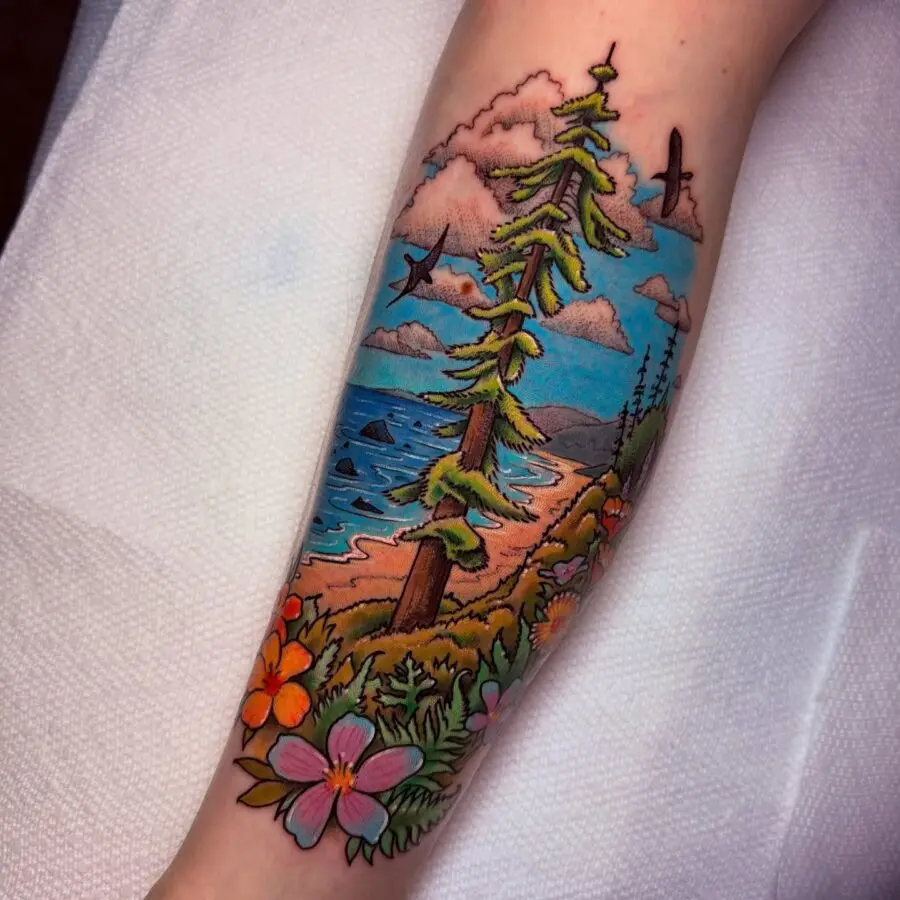 Vibrant Redwood Tree Tattoo with Scenic Background