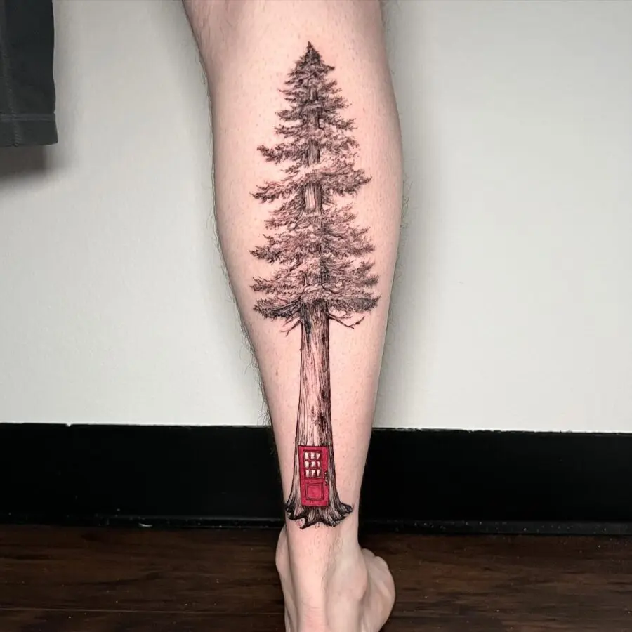 Unique redwood tattoo with a door detail