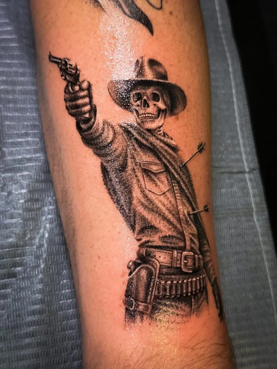 Striking skeleton cowboy in action pose