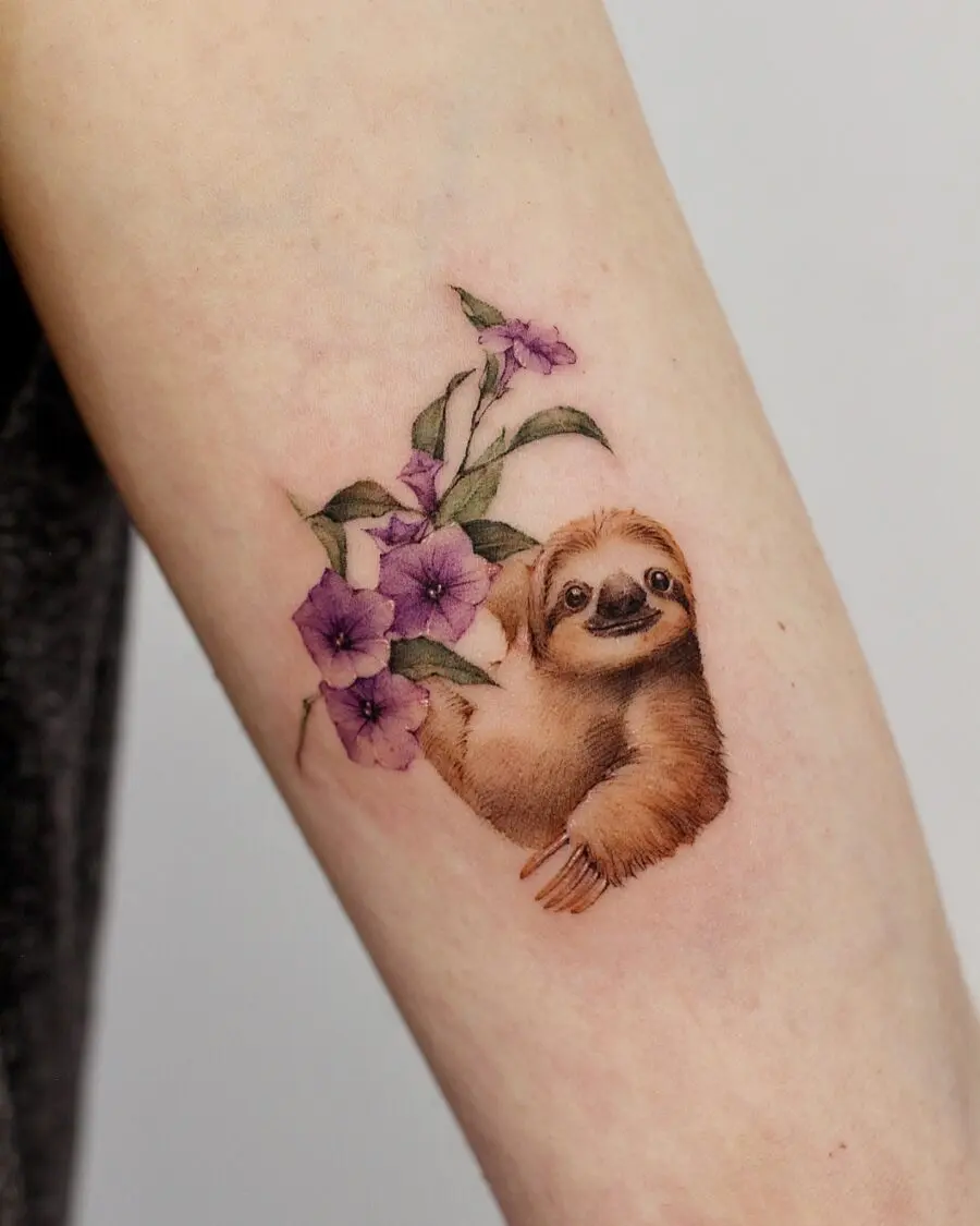 Charming Sloth Embracing Petunias Tattoo