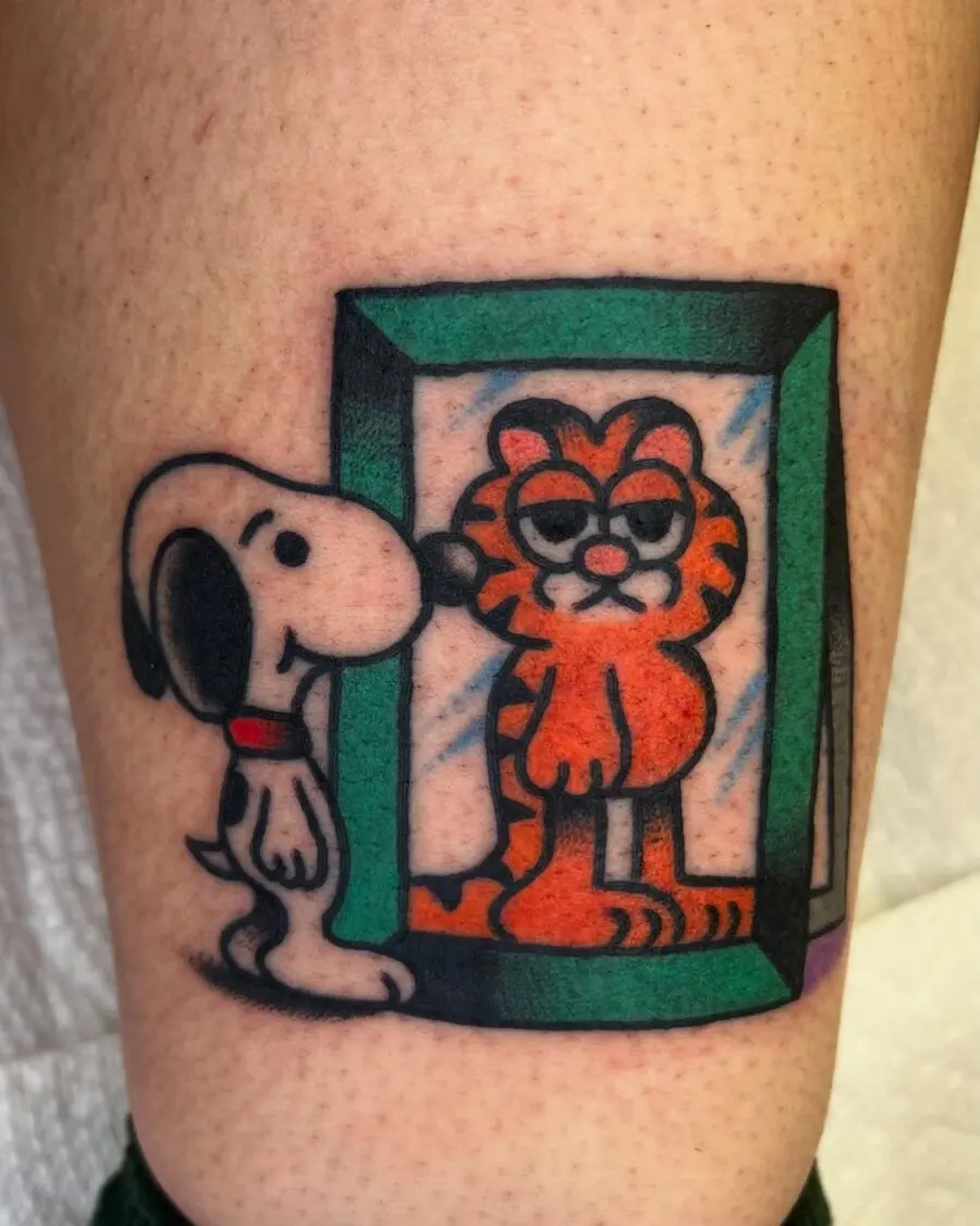 Snoopy and Garfield in a playful tattoo