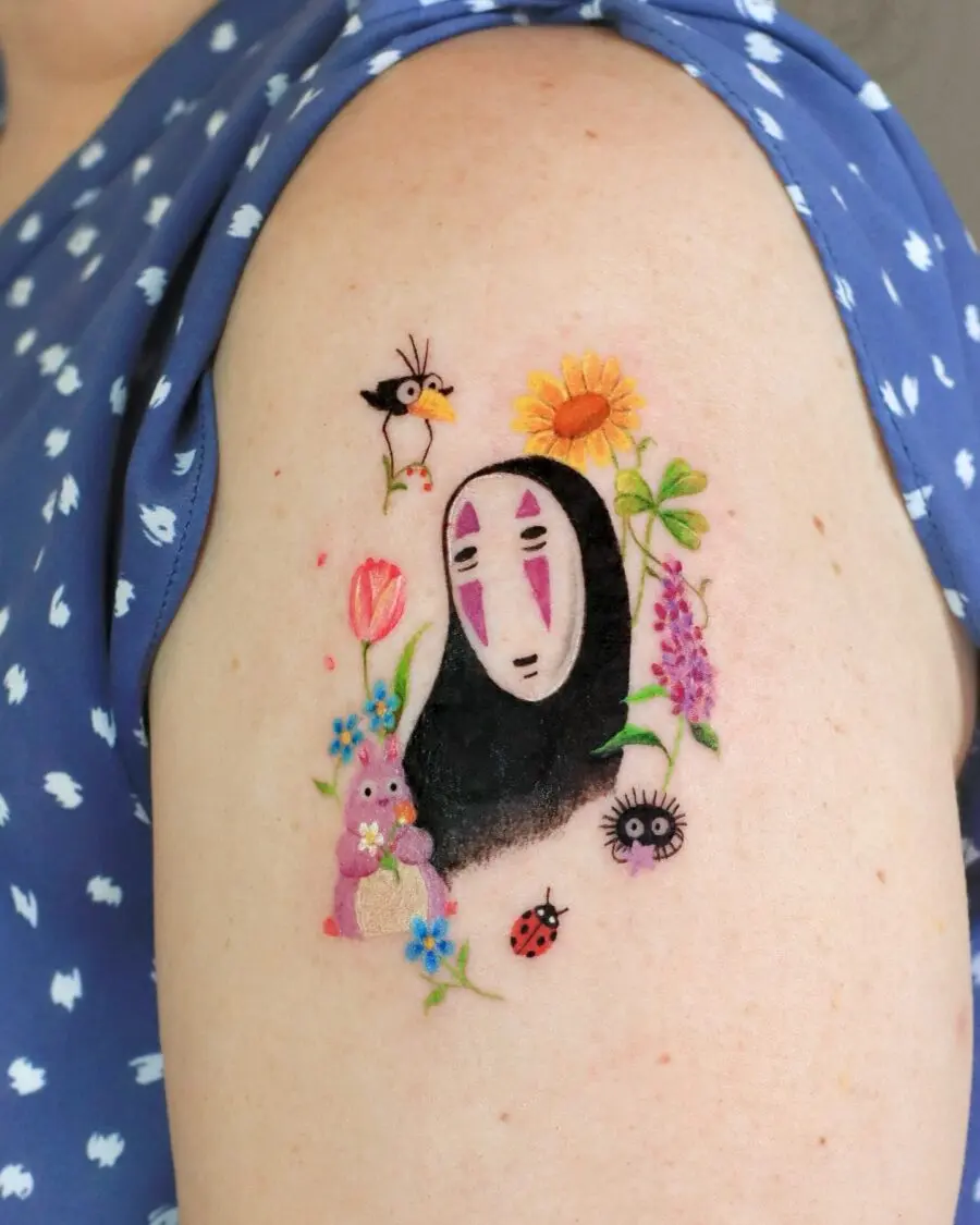 Whimsical No Face Tattoo with Nature Surroundings