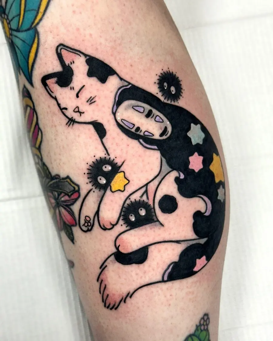 Whimsical black cat tattoo from Spirited Away