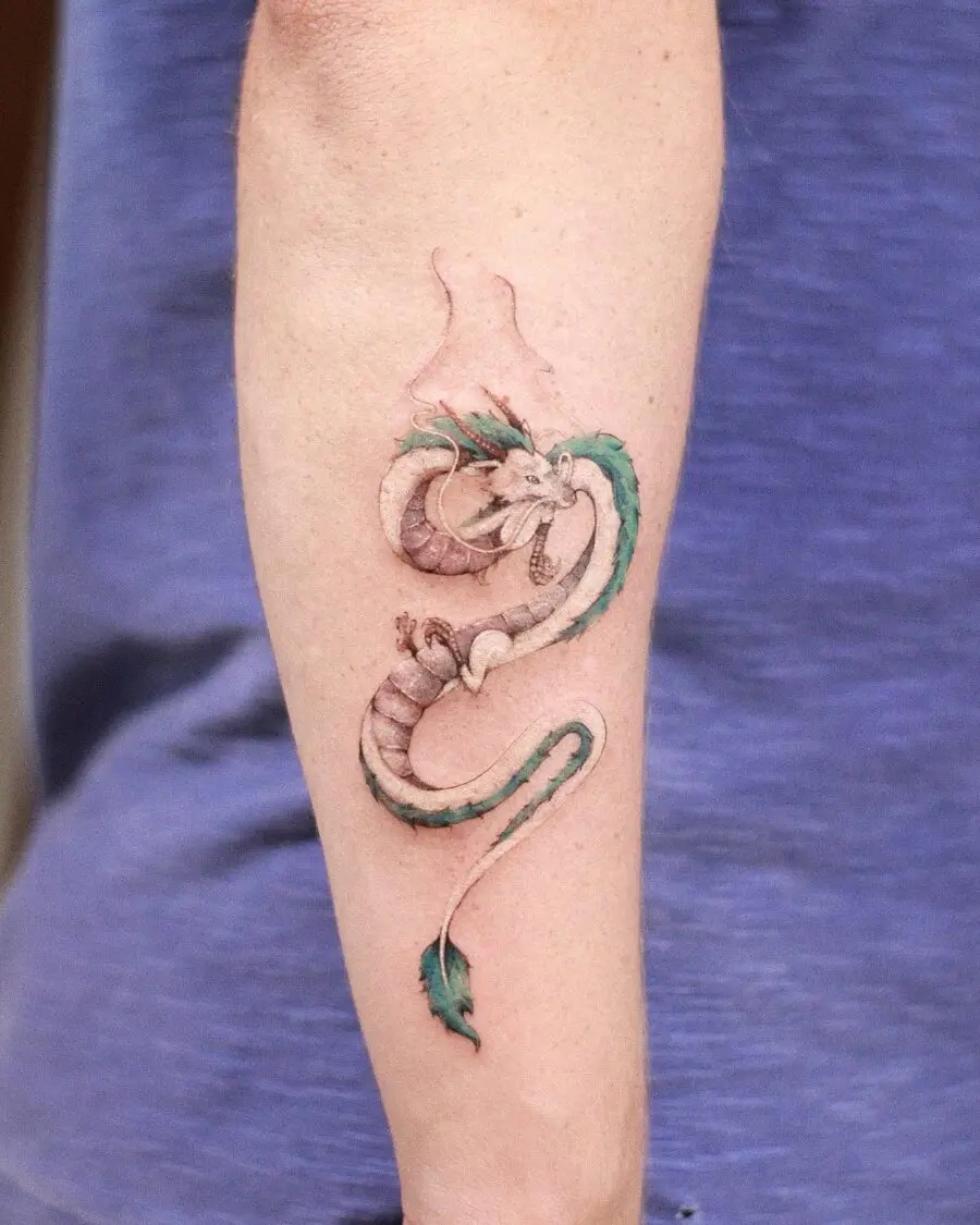 Beautifully detailed dragon tattoo inspired by Spirited Away