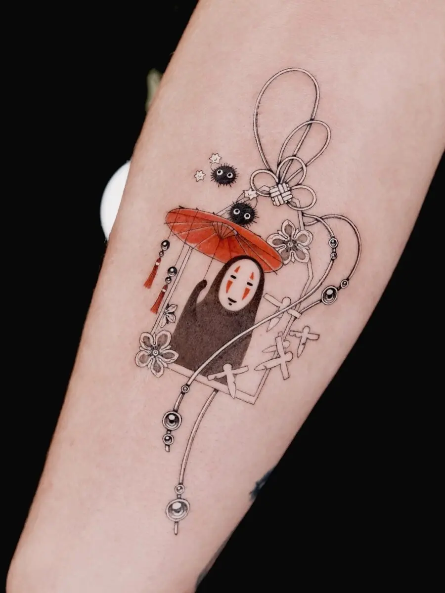 Elegant No-Face Tattoo with Parasol Charm