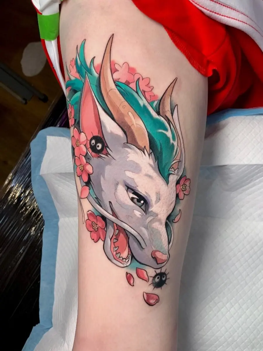 Vibrant Shishigami Tattoo with Cherry Blossoms