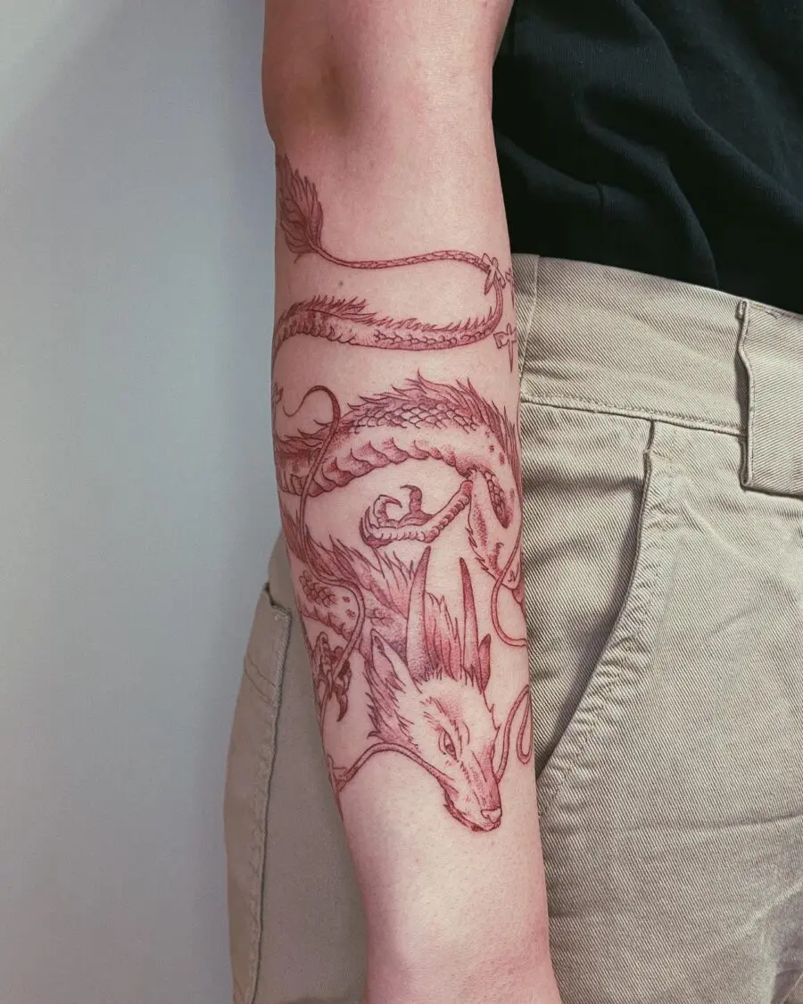 Intricate Spirited Away Dragon and Fox Tattoo