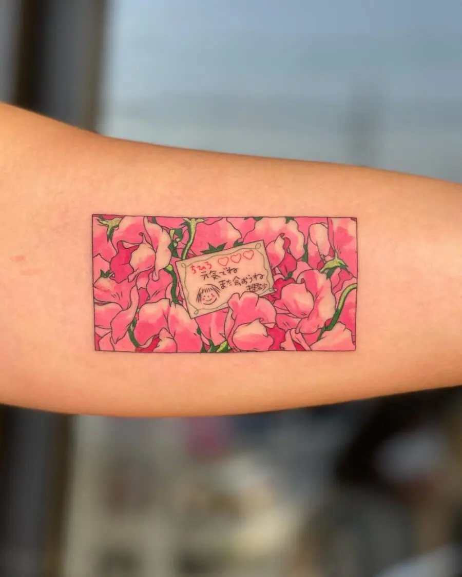 Vibrant floral tattoo inspired by Spirited Away