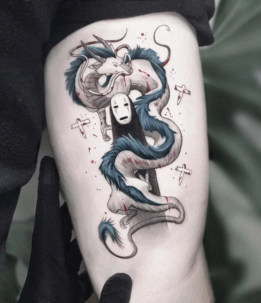 Intricate Kaonashi and Dragon Spirited Away Tattoo