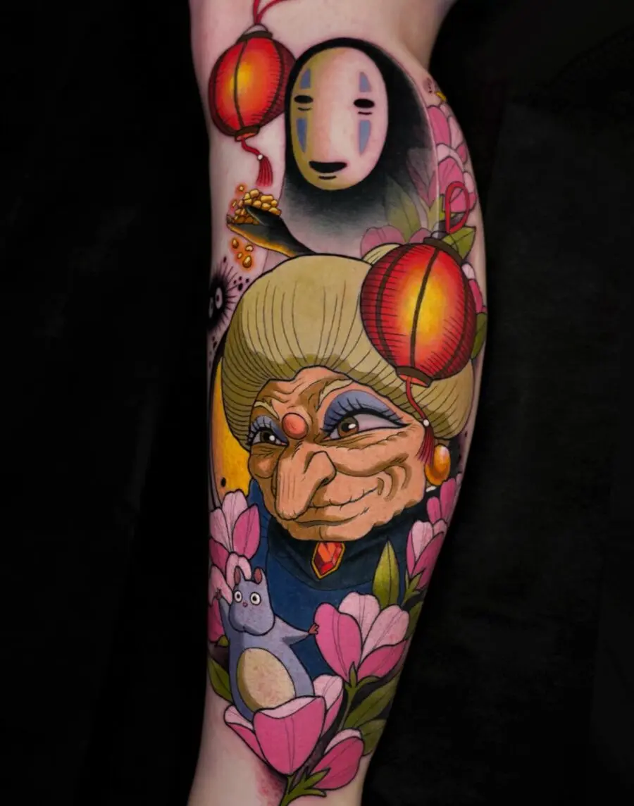 Colorful Spirited Away Tattoo Featuring Iconic Characters