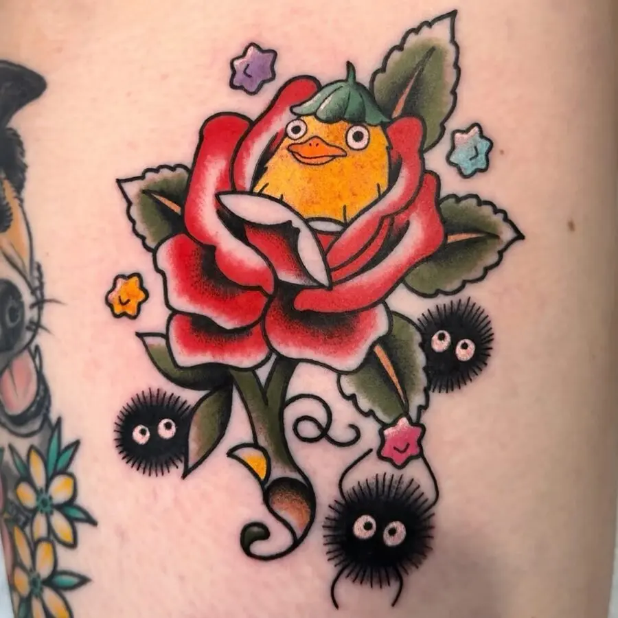 Colorful Spirited Away Rose and Character Tattoo