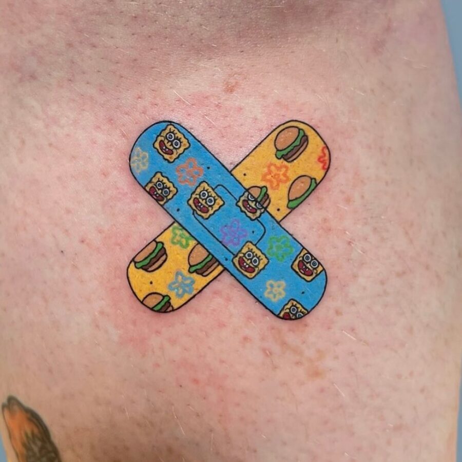 Playful SpongeBob Bandaid Tattoo Design