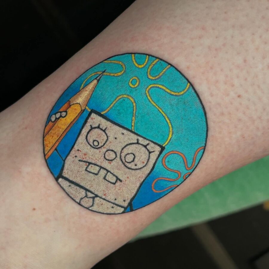 Bright SpongeBob SquarePants tattoo in bold colors