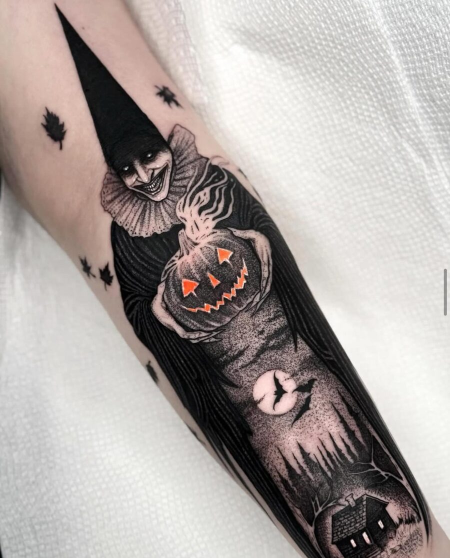 Chilling Clown with Jack-O'-Lantern Tattoo Design