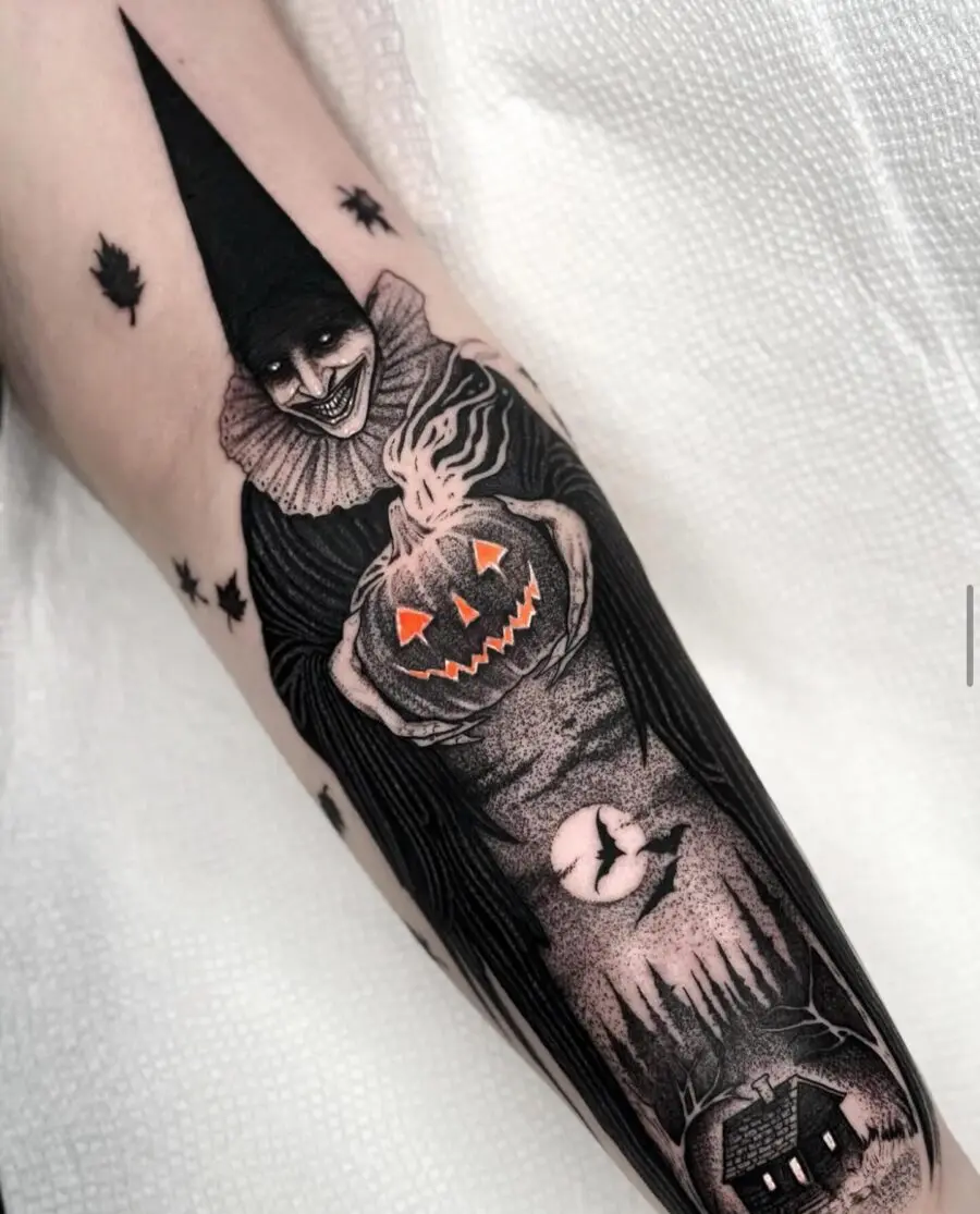 Chilling Clown with Jack-O'-Lantern Tattoo Design