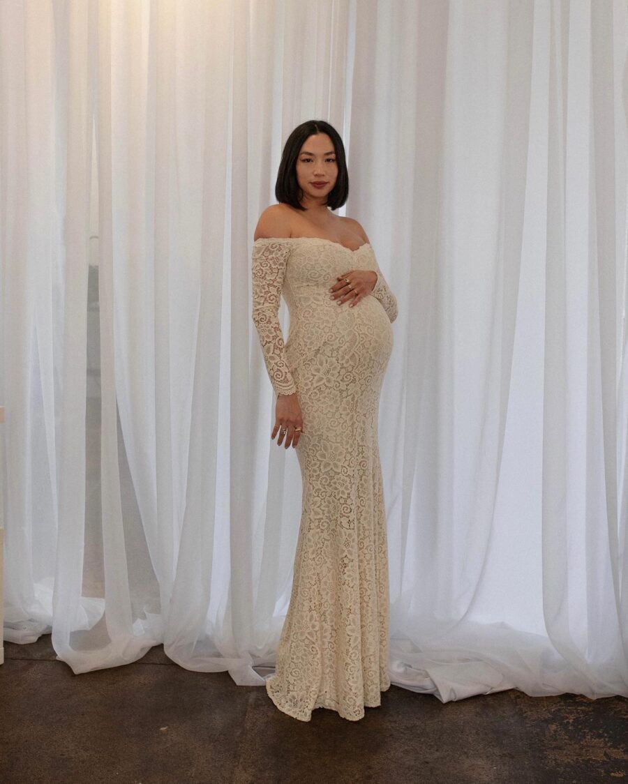 Elegant lace gown for a stylish baby shower