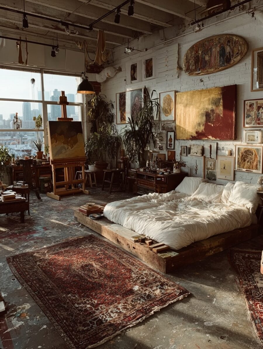 Artful bedroom with vintage charm and creativity