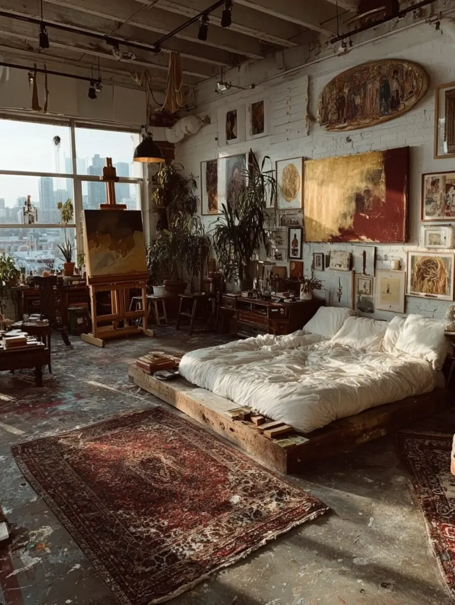 Artful bedroom with vintage charm and creativity