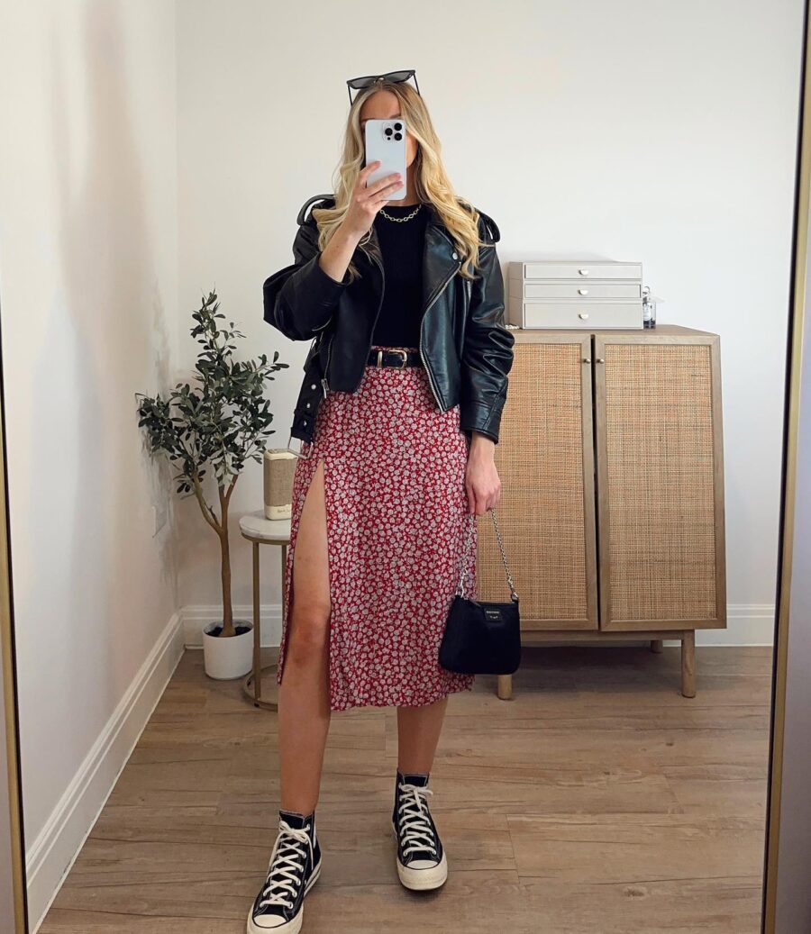 Chic Converse Outfit with Floral Skirt
