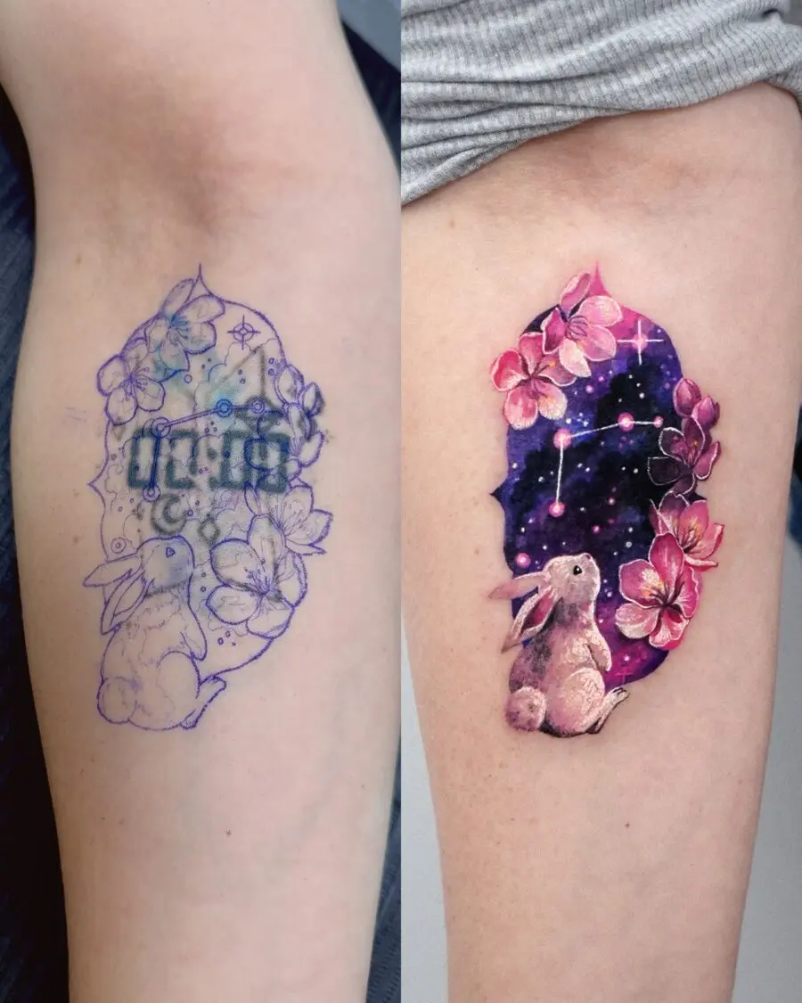 Transformative Rabbit Tattoo with Floral Elements