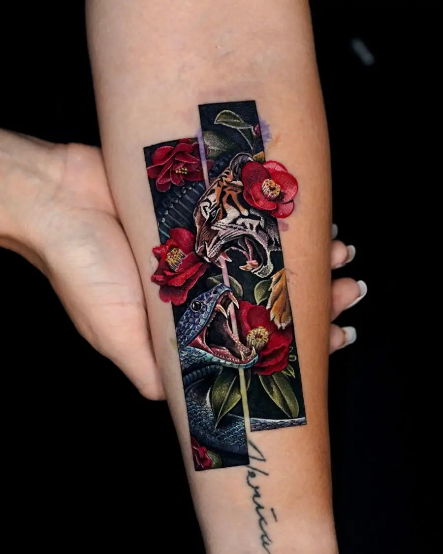 Fierce Animal Tattoos with Floral Accents